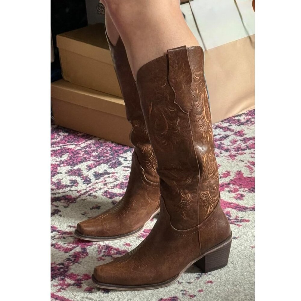 Wetkiss Brown Cowboy Boots Floral Embroidered Cowgirl Classic Tall Boots 6.5 NEW